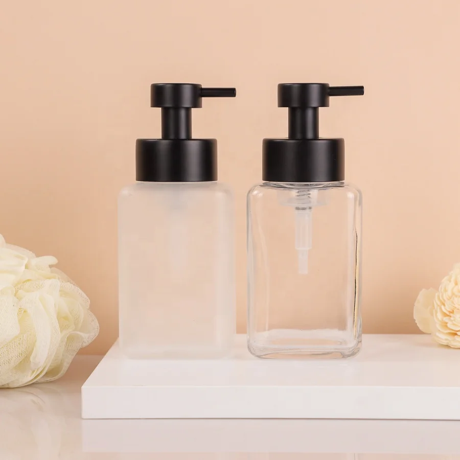 Flat Square Shape 8oz 250ml Liquid Soap Glass Dispenser Bottle With Black Foaming Pump For Hand Face Cleaning Personal Care Use