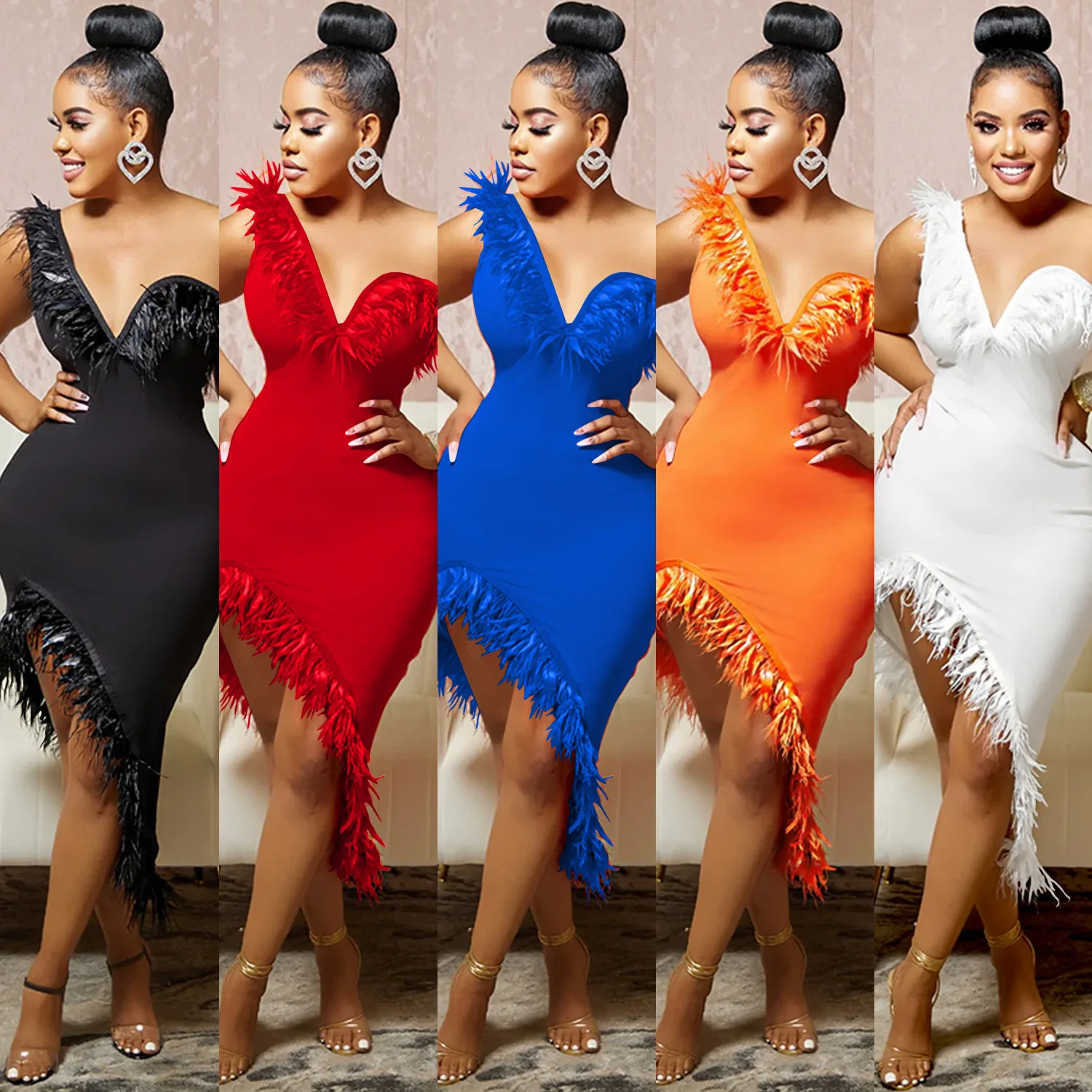 BH630   women fashion V neck sleeveless party dress with feathers