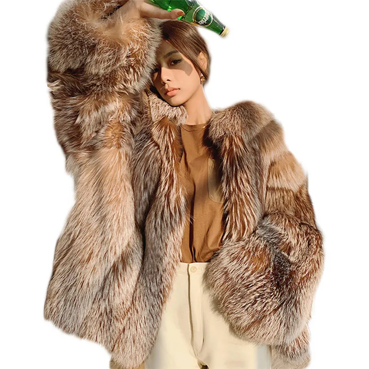 Elegant Temperament Ladies Mid Length High Quality Silver Fox Fur Coat Hooded Plus Size Ladies Jacket