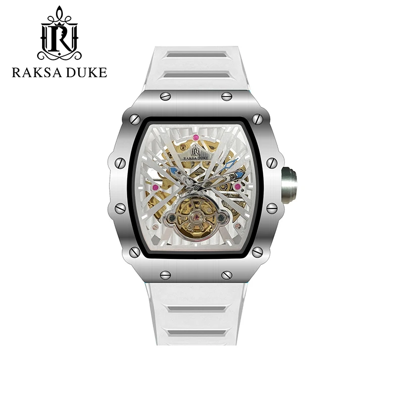 Fashion Sport Watch Rectangle Stainless Steel Case Silicone Strap Mechanical Men Watches