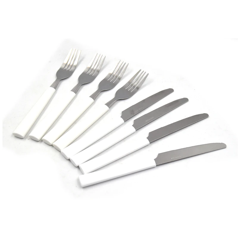 Flat white plastic handle stainless steel steak knife and fork set