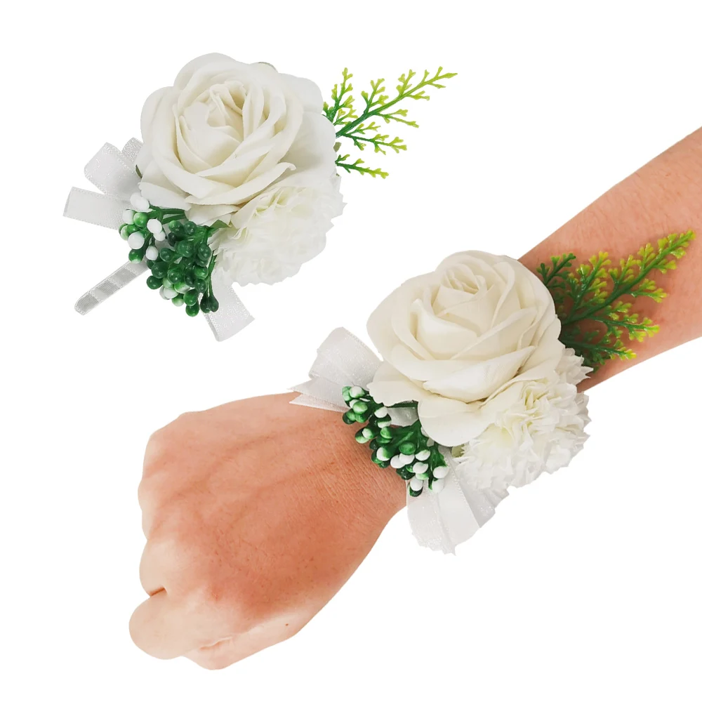 Wedding Prom Corsage and Boutonniere Set, Rose Wrist Corsage Ribbon Bracelet, Artificial Flower Wedding Accessories