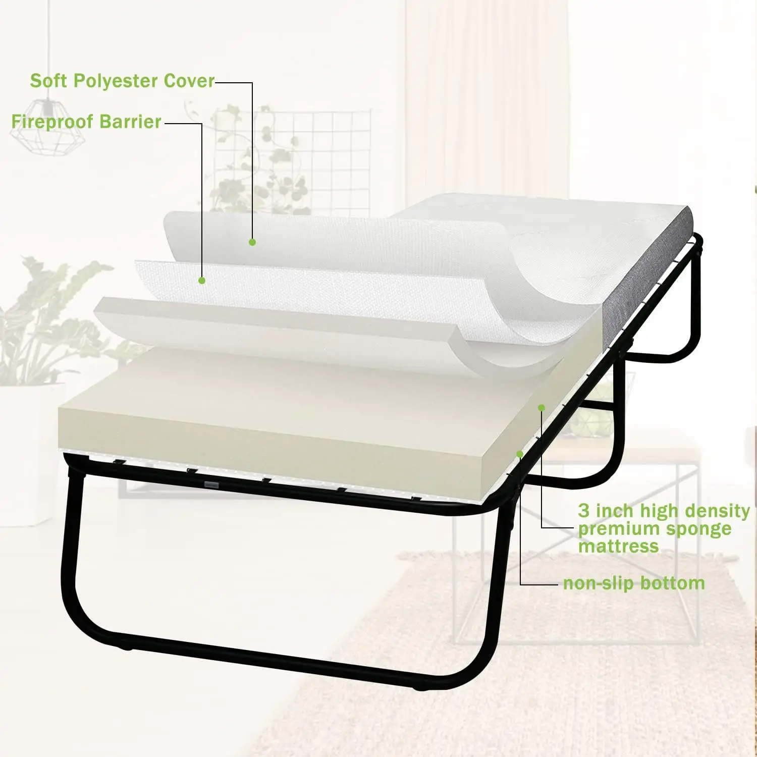 Portable Wall Metal Hospital Home Office iron Guest Folding Sofa Bed with Thick Memory Foam Mattress for Adult Spare Bedroom