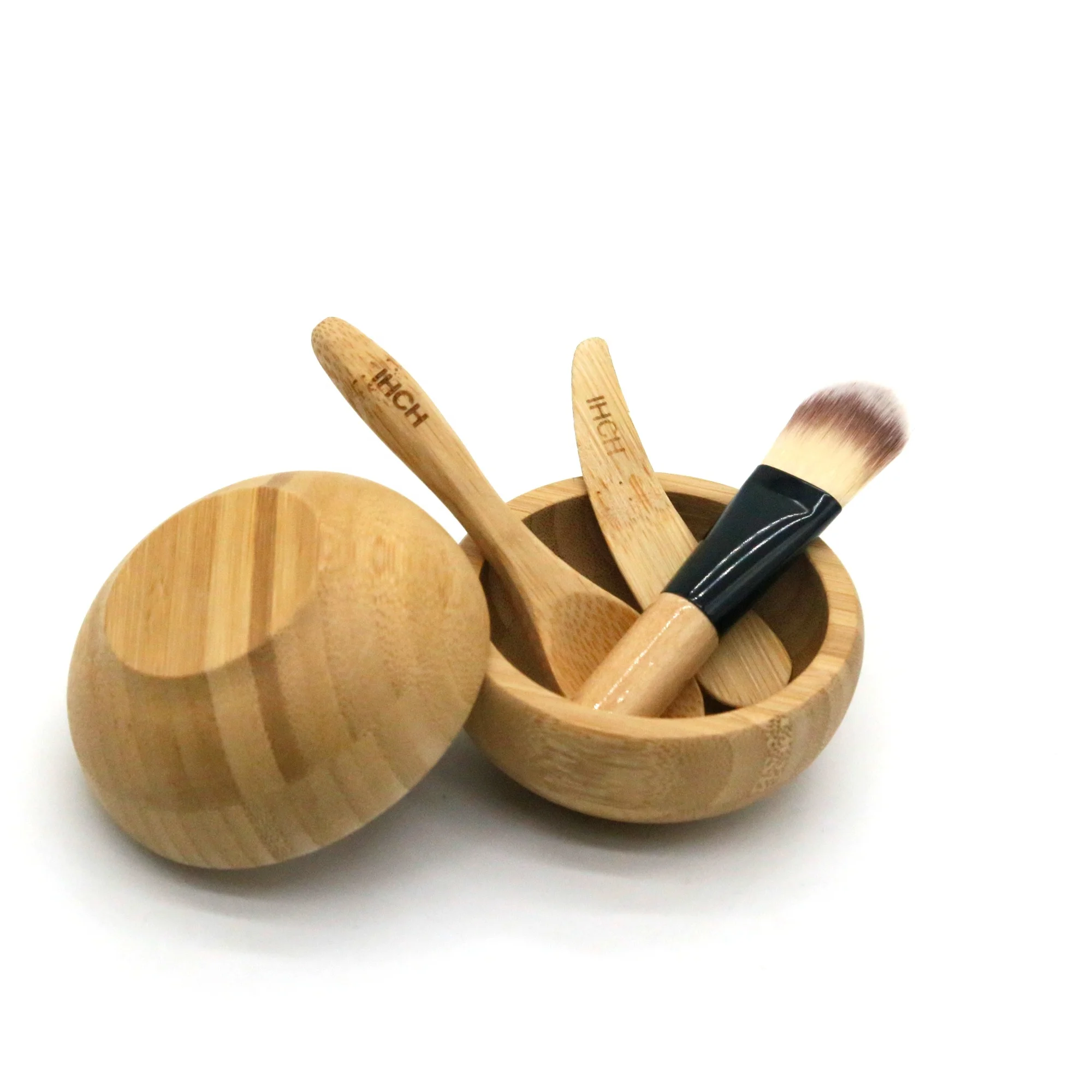 Sample Available Wholesale Small Cosmetic Bamboo Facial Skincare Mask Mixing Bowl Sets 4 pack with Bowl ,Brush,Blade,Mini Spoon