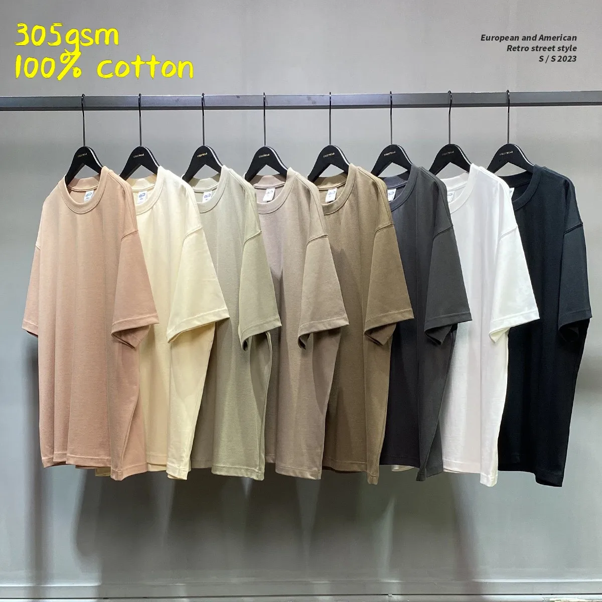 Wholesale 305gsm Heavyweight 100% Cotton Double Yarn Men T Shirts Custom Logo Printed Short Sleeve Round Neck T Shirts