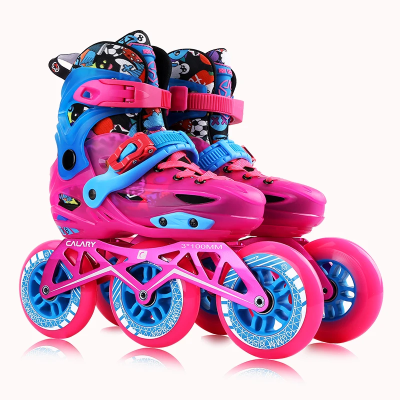 High quality  3*100mm PU rubber wheels  CNC6063 chassis  blue pink children adults  roller slalom inline skates