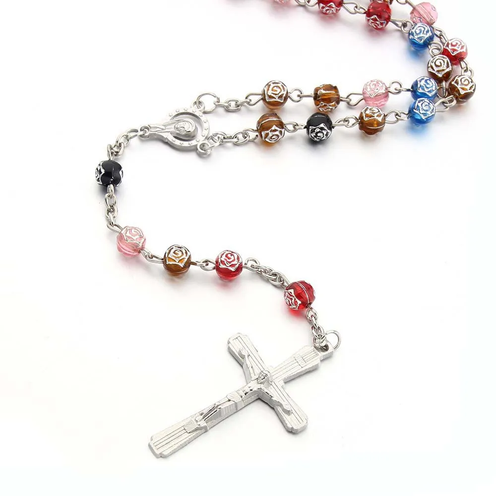 LC202403181 Wholesale Catholic  Rosary Necklace  Religion Prayer Plastic Bead Cross Rosary Necklace Catholicism