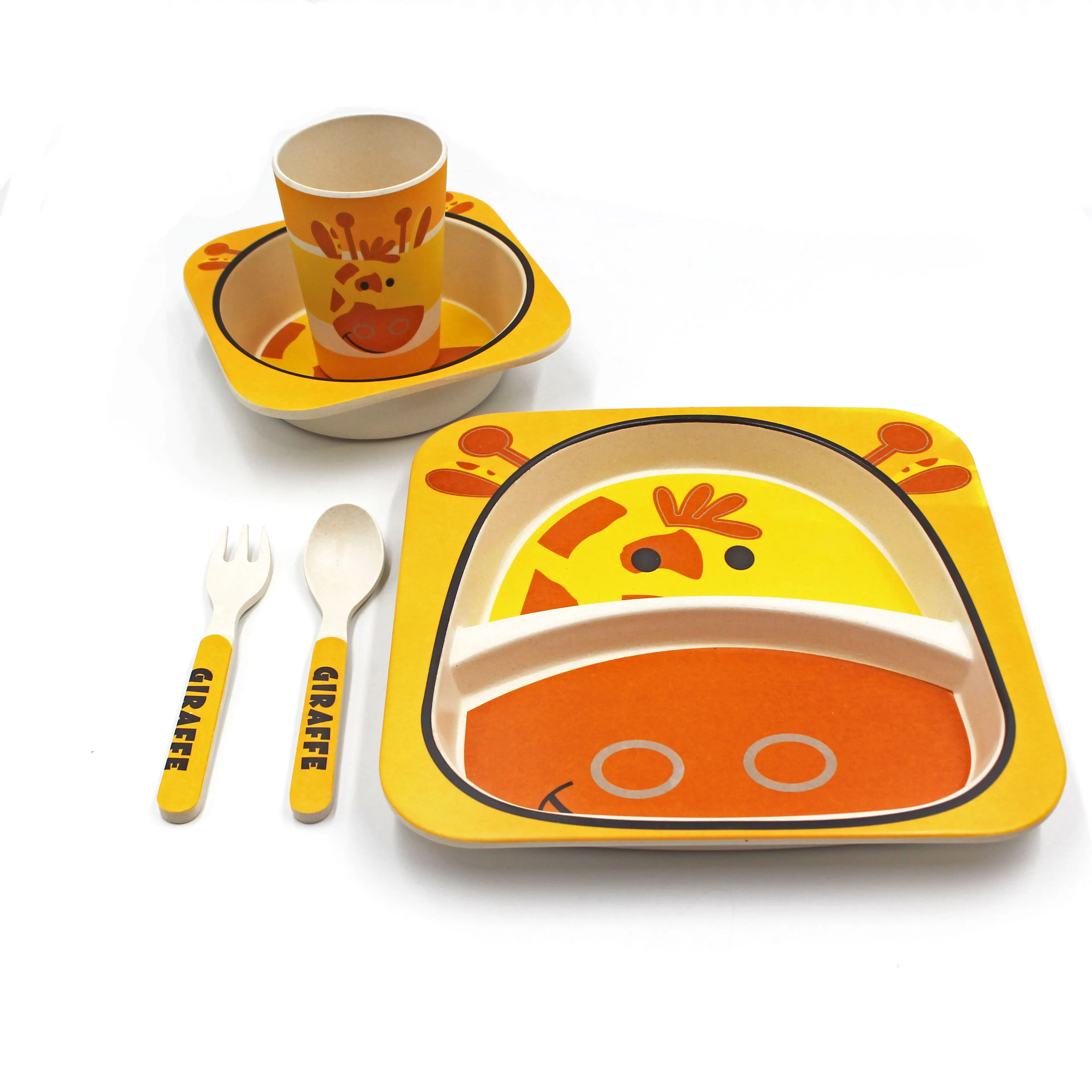 Cartoon design custom bamboo divided plate cup bowl fork and spoon dinnerware kids set
