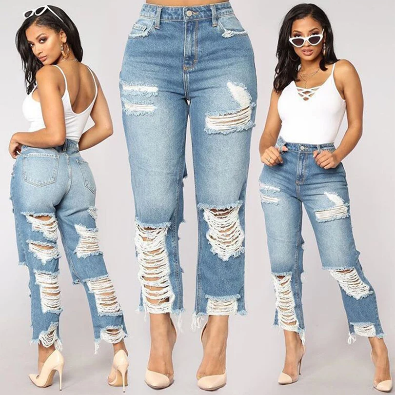 Custom Ripped Loose Design Boyfriend High Waist Jeans Mujer Ladies Hip Hop Plus Size Jeans For Women