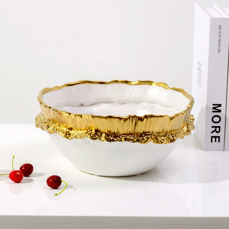 
American style light luxury white ceramic gold plated fruit bowl 