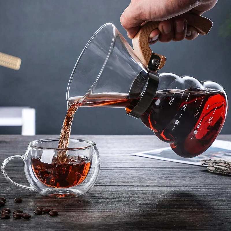 Hot Sale Coffee Glass Pot Coffee Drip Pot Borosilicate 2 cup 4 cup coffee pot With Wooden Handle And Stainless Steel Filter
