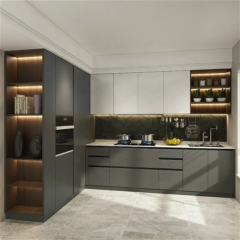 Modern whole house custom Integral quartz stone countertop open kitchen cabinet