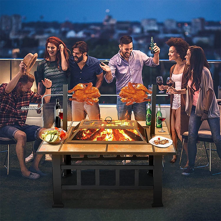 Square Metal Outdoor Fire Pit Table Wood Burning Fire Pit With Swivel Grill Axle For Patio Backyard Garden