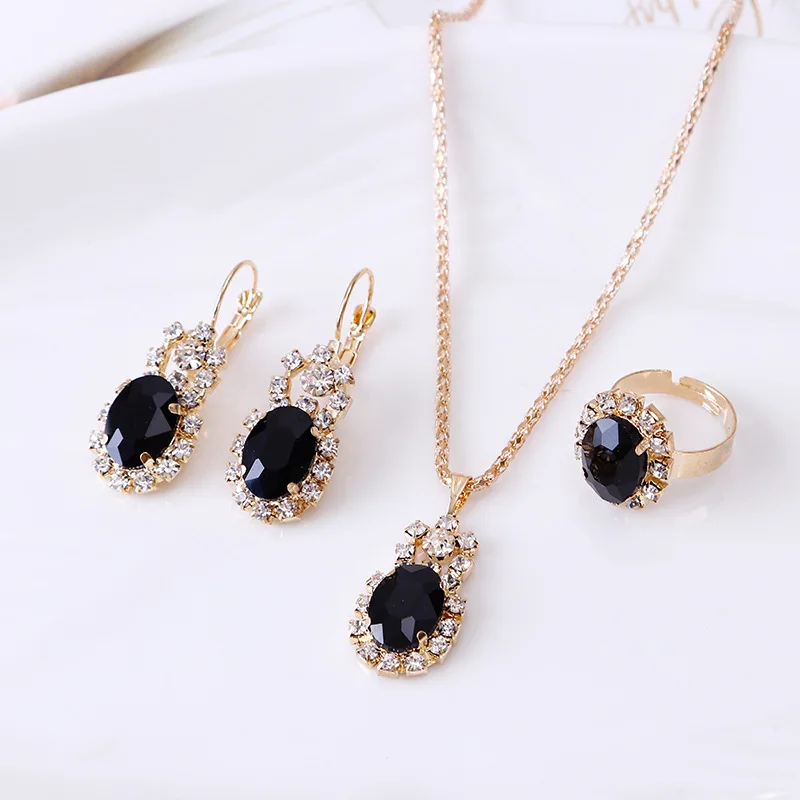 Fashion New Hot Selling Gemstone Claw Chain Diamond Necklace Earrings Ring Three Piece Jewelry Sets Wholesale