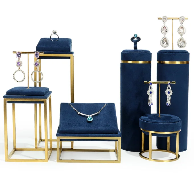 luxury suede metal neck mannequin blue gray jewelry display props holder rack stands set for jewelry