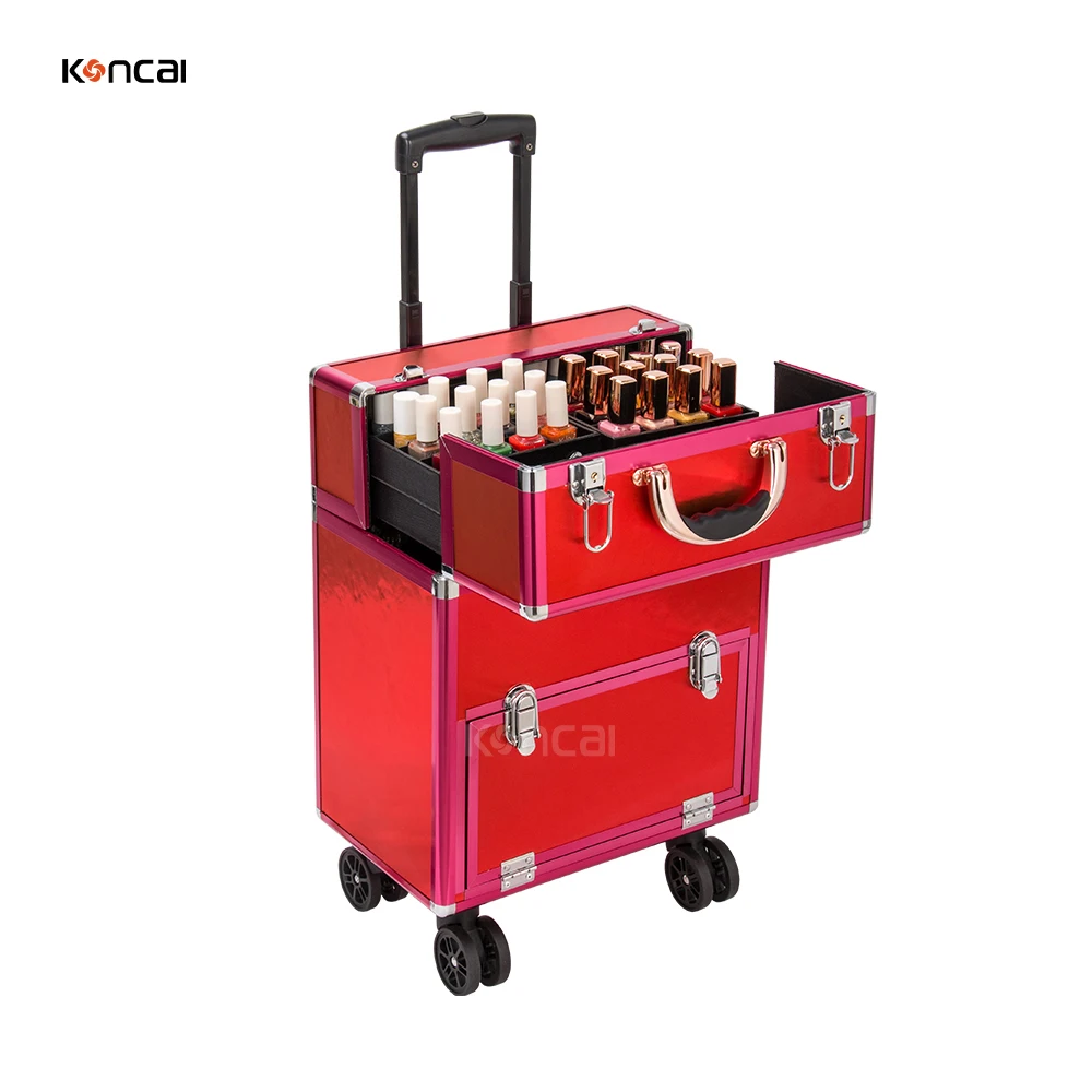 Red Beauty Varnish Box Travelling Suitcase Makeup Train Case Manicure Hairdressing Rolling Trolley Case Nail Polish Storage