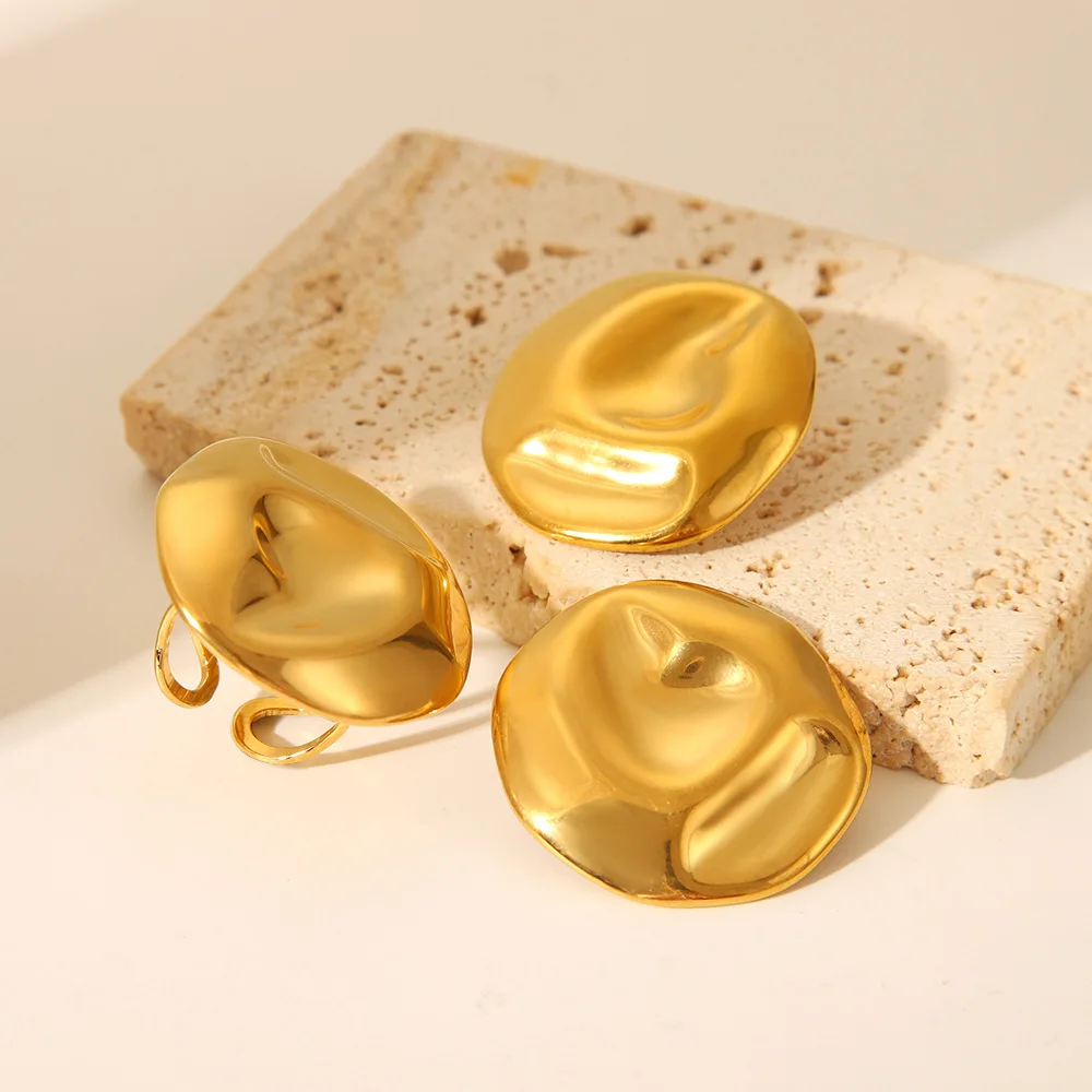Fashion Non Tarnish Jewelry Set Gold Plated Stainless Steel Earring Large Round Hammered Geometric Stud Earrings Ring Set