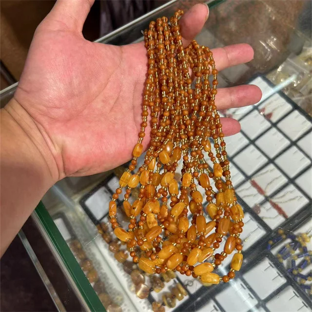 Wholesale crystal spiritual gem stone jewelry round bead natural  dark yellow Baltic amber crystals necklaces for gift