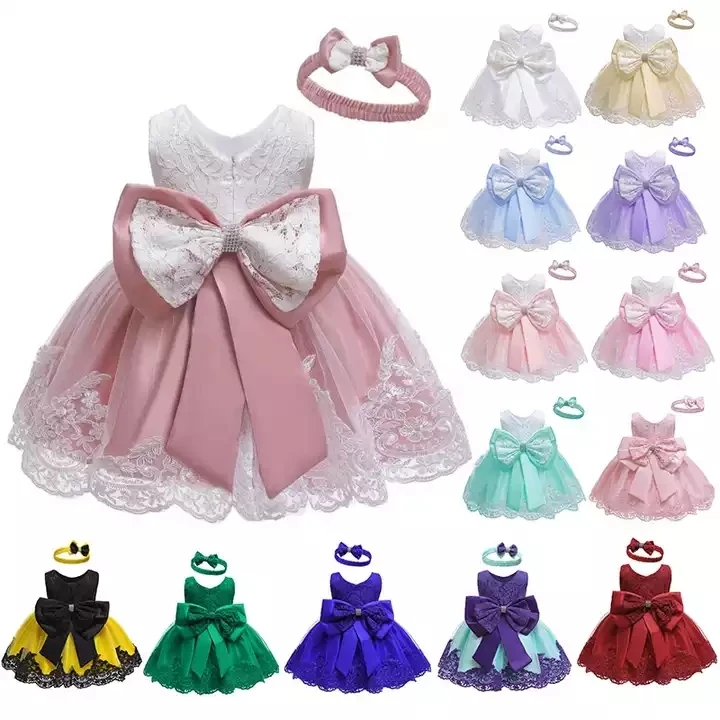 Wholesale Sleeveless Princess Dress Bow Lace Princess Birthday Clothes Kids Children Flower Girl Dresses With Big Waistband