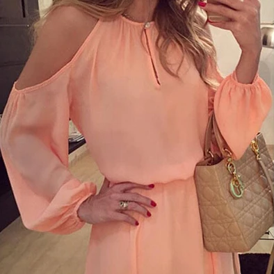 
Chiffon Off Shoulder Strap Long Sleeve Casual Solid Color Dress 