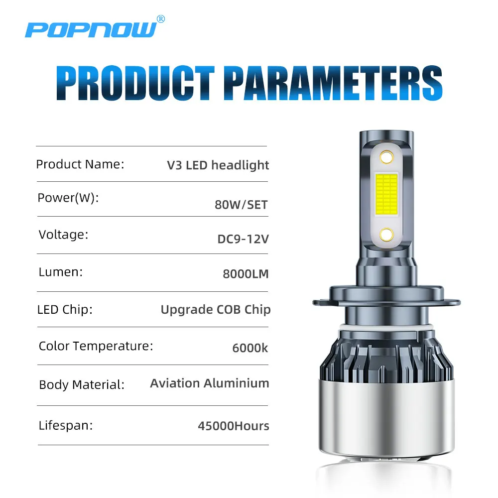 V3 8000 lumen H4 LED Headlight Bulbs H7 Car LED Headlight 9005 9006 Xenon Light Kit