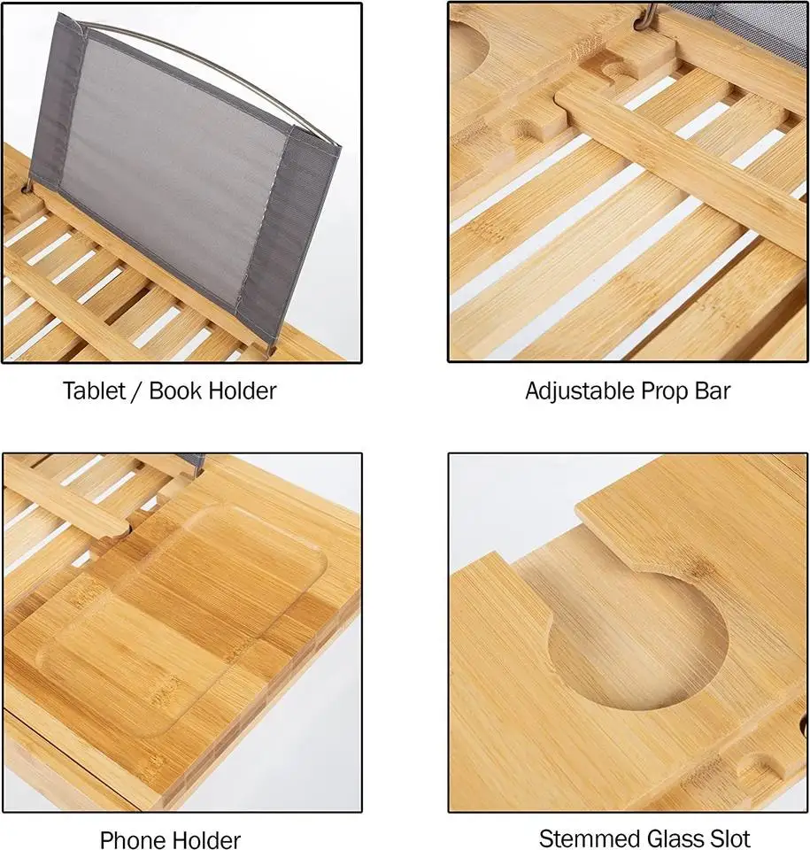 Deluxe bamboo bath Caddy with extendable multi-function bamboo bath tray, with book holder, wine glass holder bathroom rack