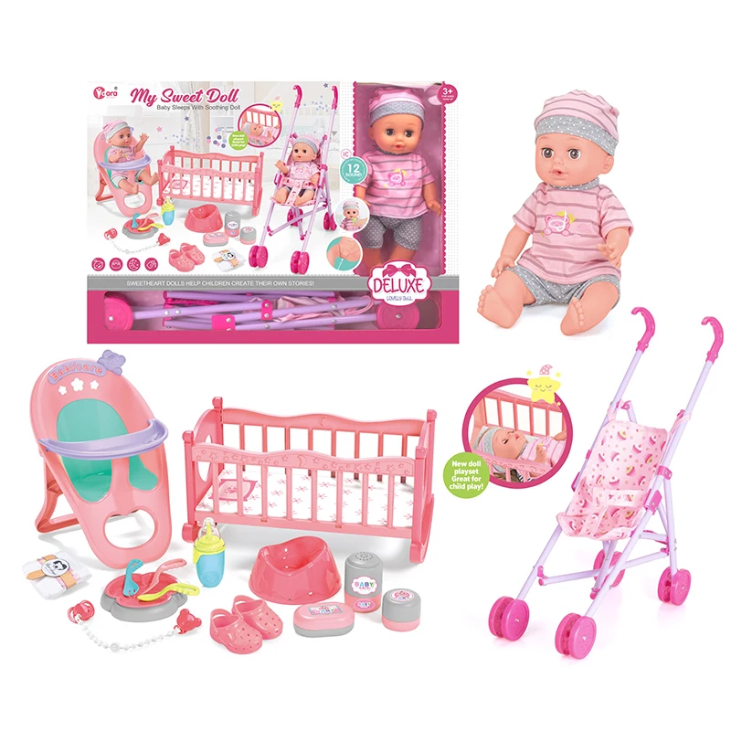 12 Sounds 14 Inch Drinking Water Pee Silicone Baby Reborn Doll Stroller Pretend Play Toys for Kids Girls Dolls Accessories Toys