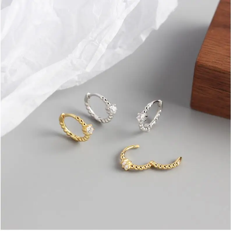 18k gold sterling silver earrings fashion Women Teen Girls Simple Trendy Small Gold Beaded Hoop Earrings with Diamond