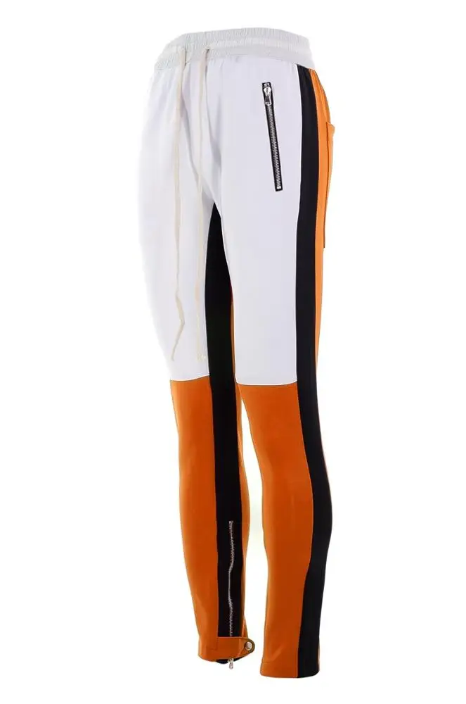 
long drawstring elastic rib waist color block custom men jogger side stripe design track pants 