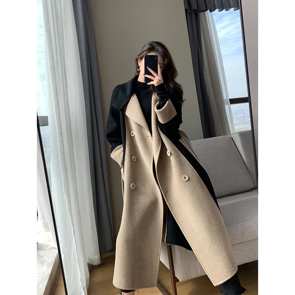 Winter Mid-Long Women Elegant Notched Collar Wool Blend Overcoat Double Breasted Pea Coat Trench Coat with Belt