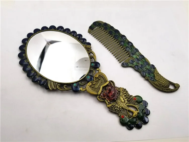 Portable Vintage Tin Peacock Folding Makeup Mirror And Comb For lady gift
