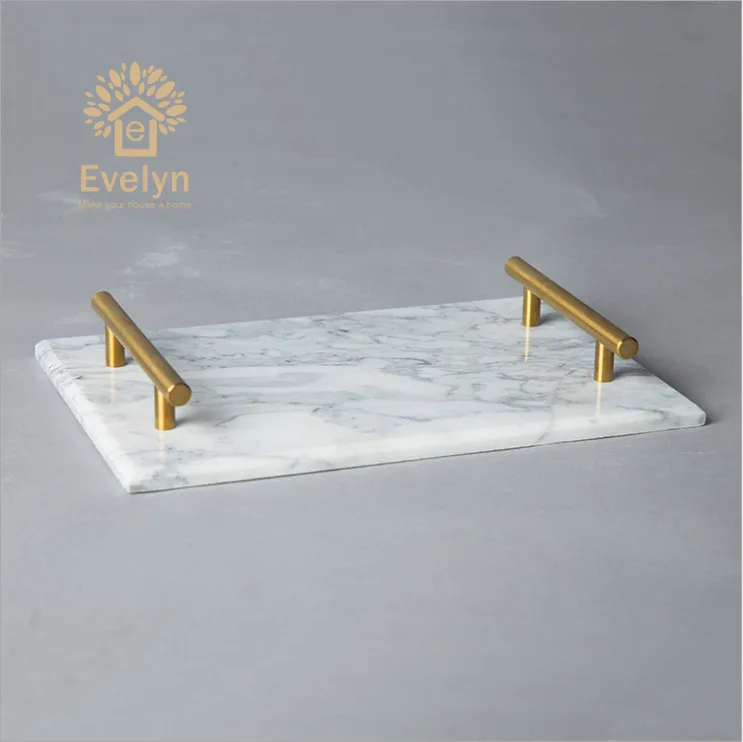 In Stock Hot Selling Rectangular Small Green Grey Hotel Indoor Table Marble Trays With Metal Handle