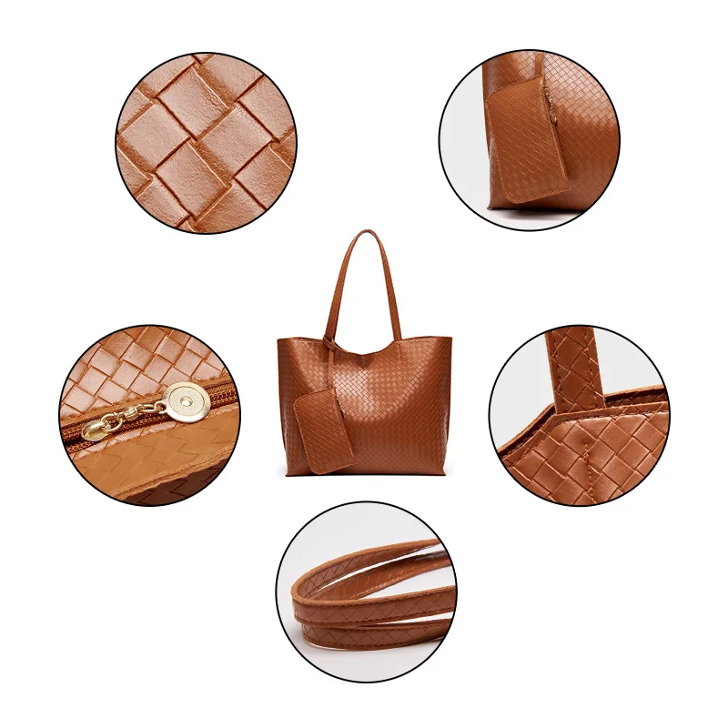 
New Model PU Leather Woven Pattern Designers Ladies Tote Bags Handbags with Mini Purse Pouch 