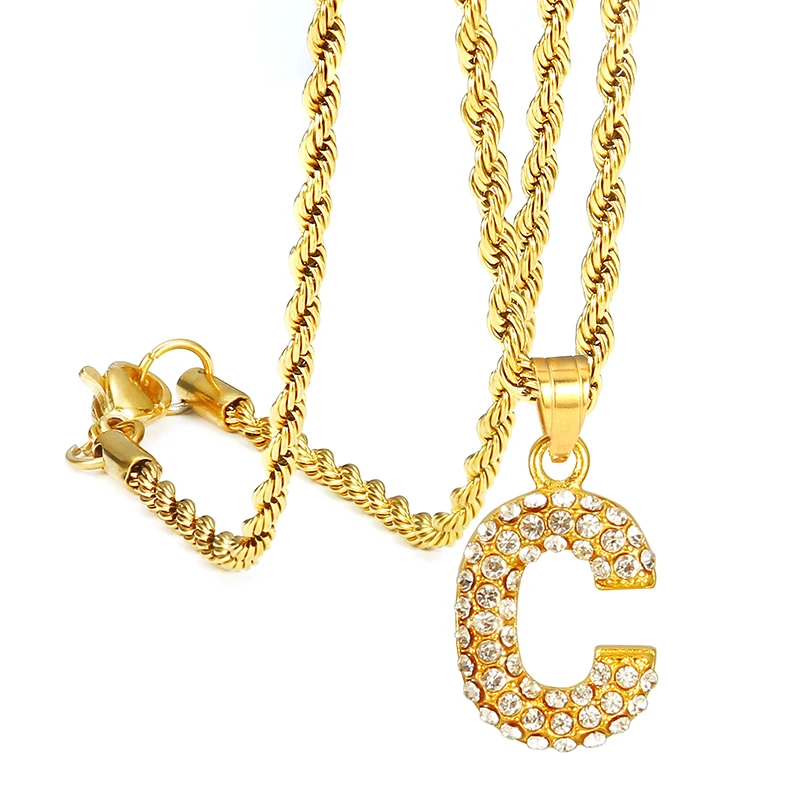 Classic Initial 26 Letters Pendant Necklace 18k Gold Plated Stainless Steel Shiny Zircon Pendant Twist Necklace For Women