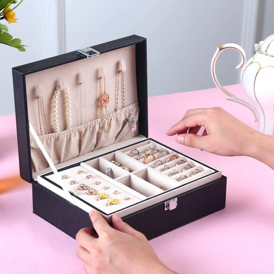 Lockable Leather 2 Layer Jewelry Holder Organizer Box Large Women Jewelry Storage Case for Ornament Accessories