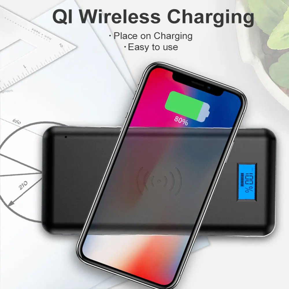 Qi Быстрое беспроводное зарядное устройство 20000 мАч Зарядное для путешествий двойной USB ЖК-дисплей светодиодный внешний аккумулятор мобильного телефона