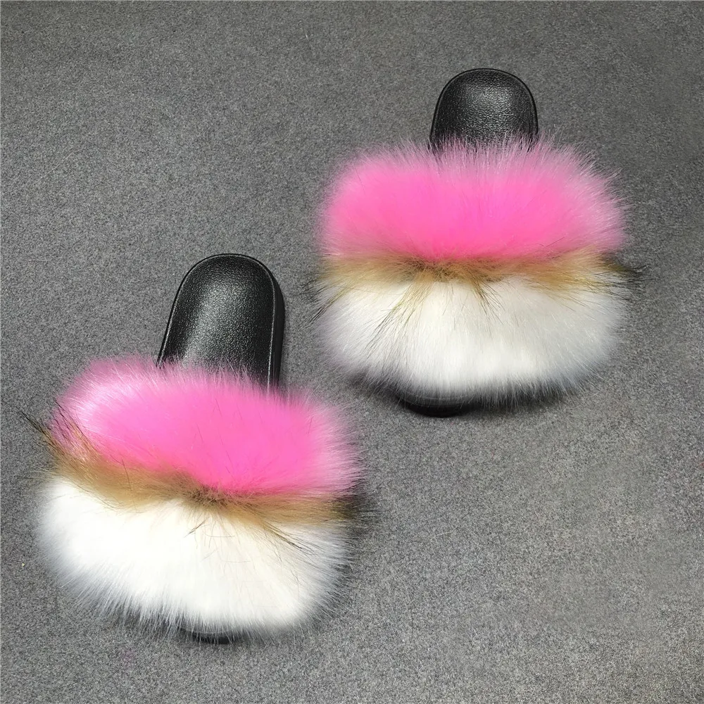 Imitation Fox Fur Slippers Faux Fluffy Plush Slide Custom Summer Women Fashion Fur Slides