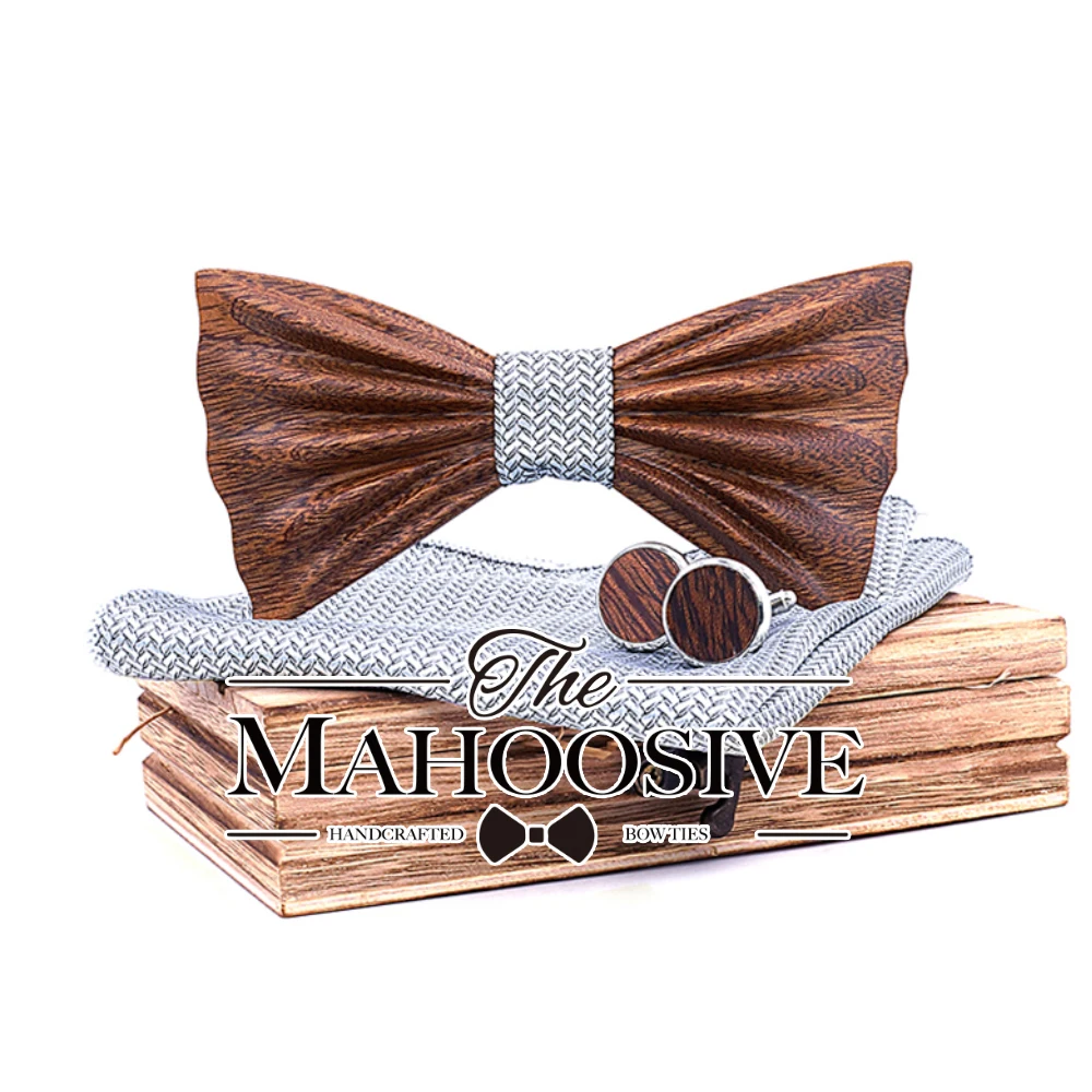 Wedding Bow Tie Set Cufflinks Handkerchief Bowtie Men Necktie Black Walnut Homme Papillon Corbatas Pajarita for Mens Wedding