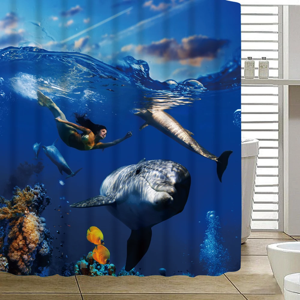 Yutong Ready Made 90gsm Polyester 3D Printing Curtain Waterproof Fabric Bathroom Printed Sea World Dolphin Coral Shower Curtains