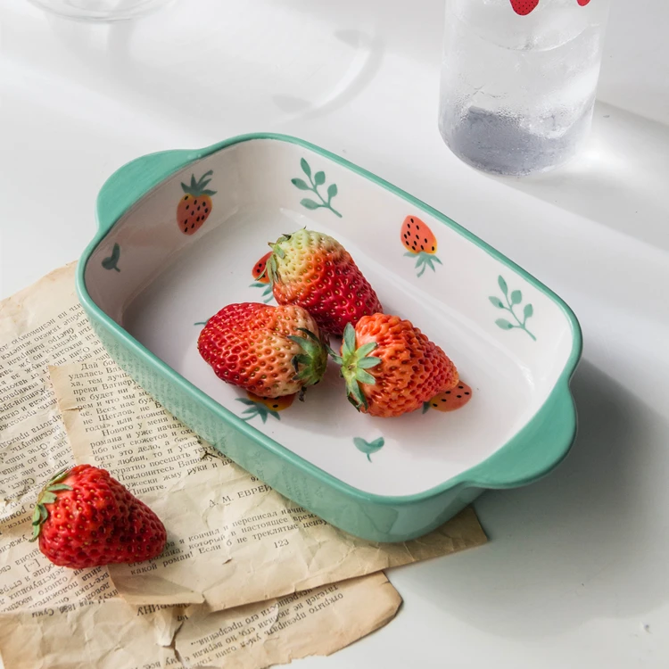 Home used strawberry pattern stoneware hand painted  ceramic backing tray bakeware