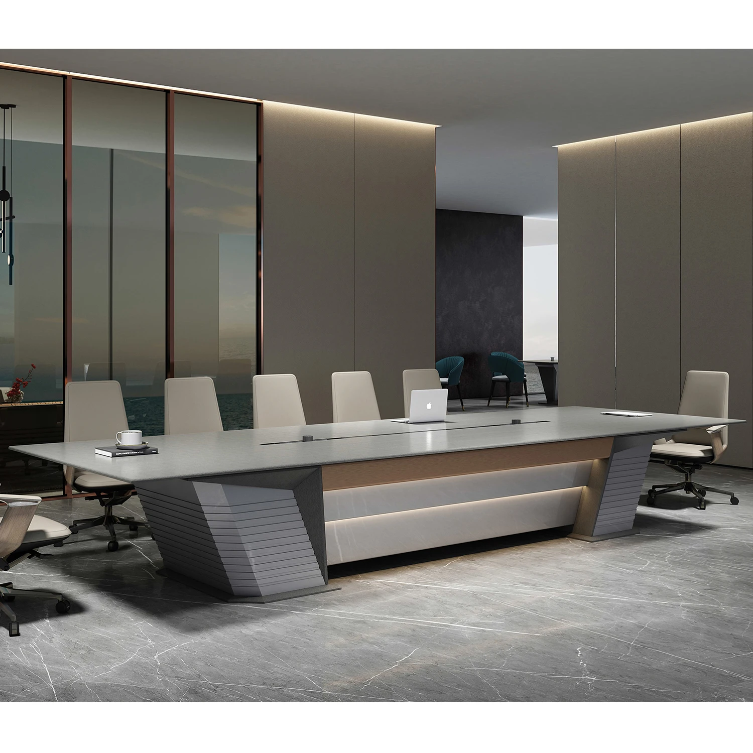 Современная роскошная деревянная офисная мебель, большой бизнес-зал заседаний, стол для встреч, главный исполнительный директор, высококачественный светодиодный смарт-стол для конференций