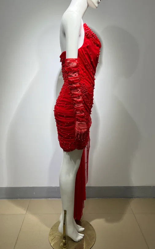 Fashion  Luxury High-Quality Low-Cut Sequin Pleated Tight Irregular Red Short Evening Dresses Birthday Party Prom Club Dress