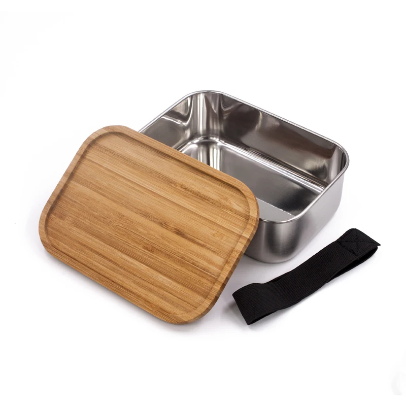 Bamboo Lid Stainless Steel Lunch Box Metal Food Storage Container Rectangle Food Container For Kids