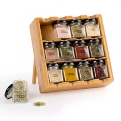 space-saving,12-Cube Bamboo Inspirations Spice Rack with glass jars Shelf Organizer can stand and hang on the wall