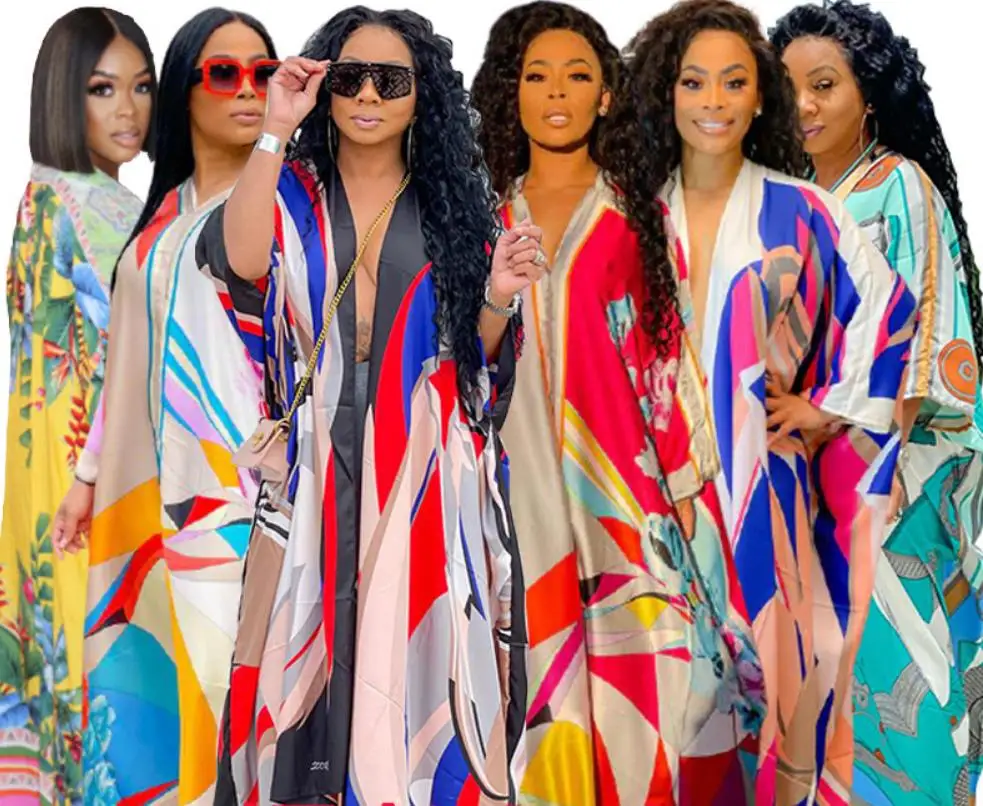 Women Dress Casual Colorful Striped Print Batwing Sleeves V-Neck Holiday Style Loose Lady Maxi Dresses Summer Spring