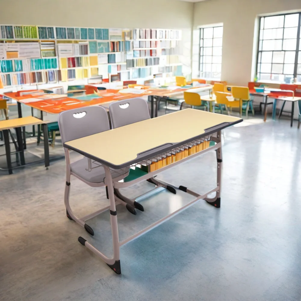 Elementary School classroom Double Seat Student Desk with wood chair for study in Bedroom or Classroom Setting