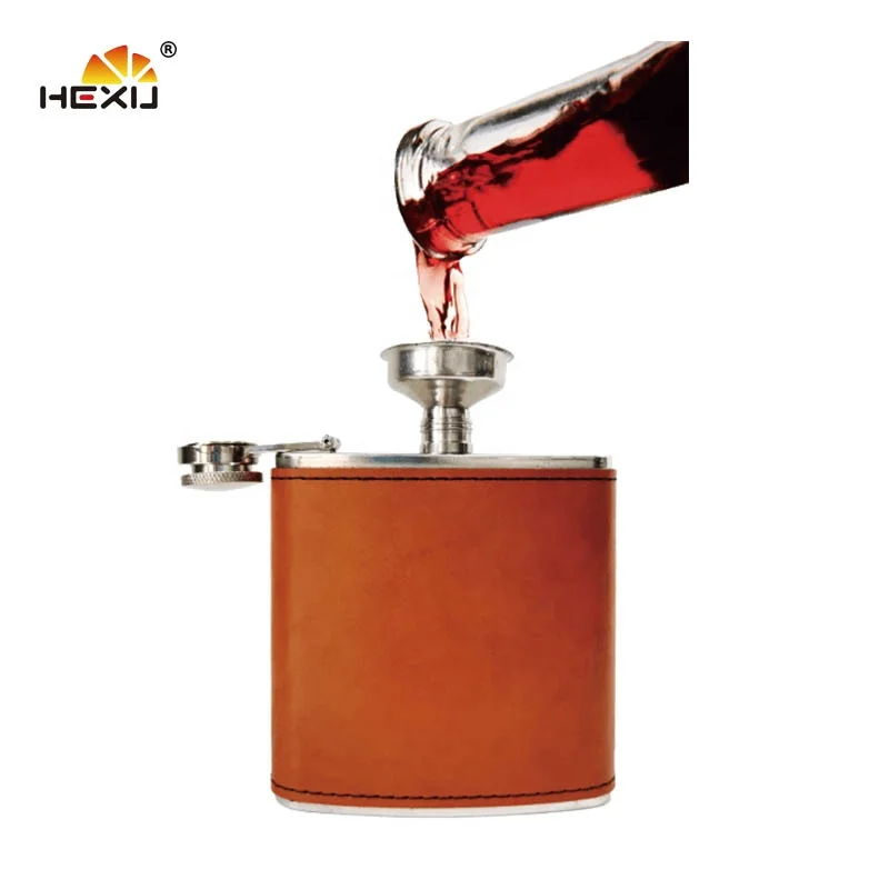 
wholesale hennessy stainless steel 6oz Custom Engraved Brown Leather Hip Flask 