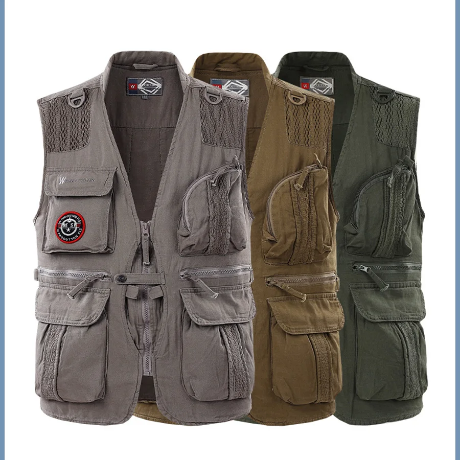 Wholesale Mens Cargo Waistcoats Outdoor Cotton Sleeveless Jackets Working Utility Fishing Vest Custom Logo