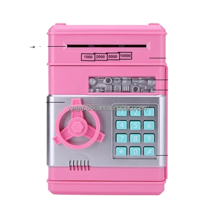 High quality plastic pink money box with password save paper money and coin mini electric ATM piggy bank for kids