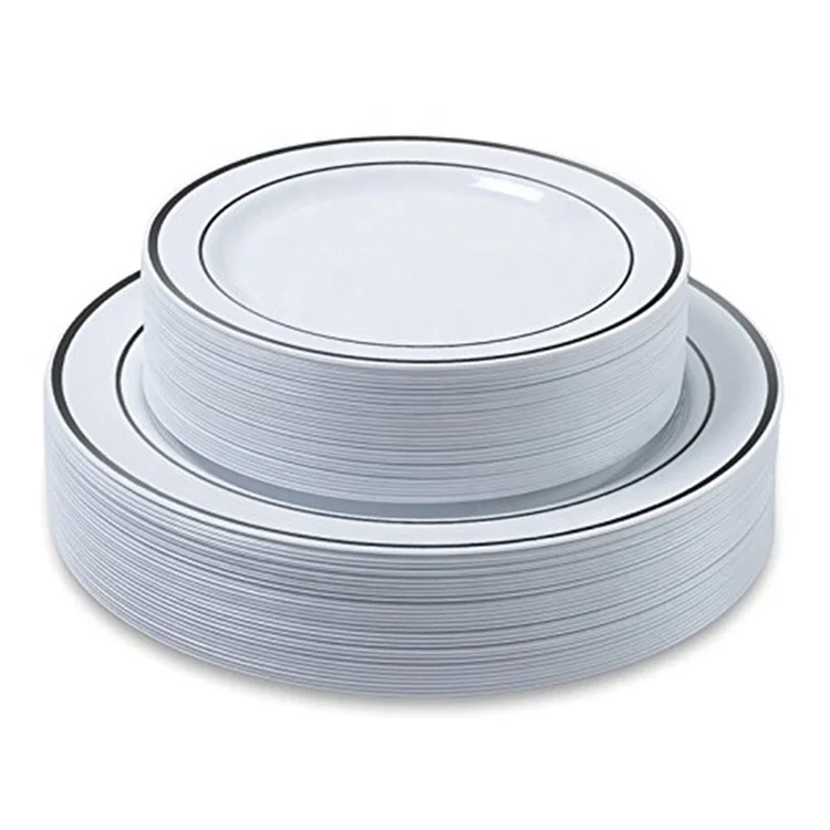 Cheap silver rim white disposable plastic plate in wholesale